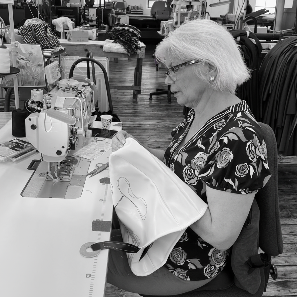 Woman working at a sewing machine in a workshop setting